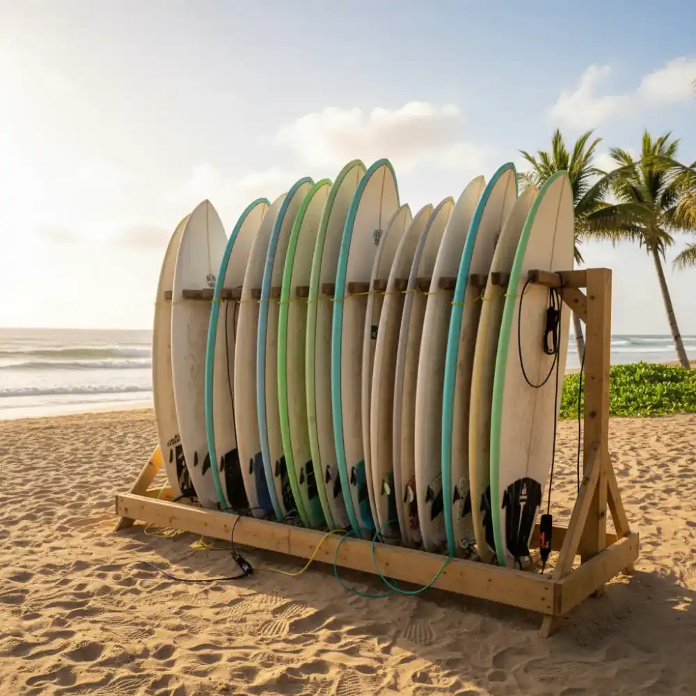 A neat rack of various surfboards ready for students