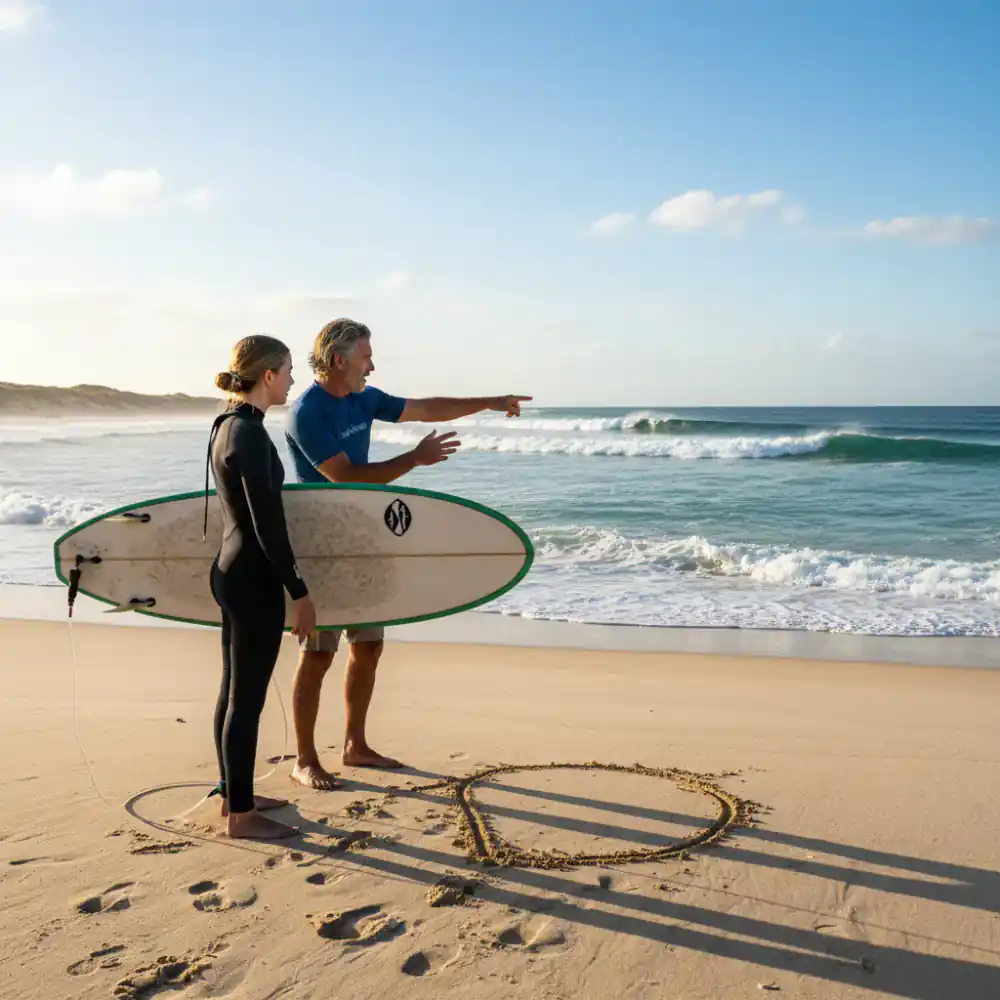 A surf coach standing on the beach explaining wave dynamics to a student