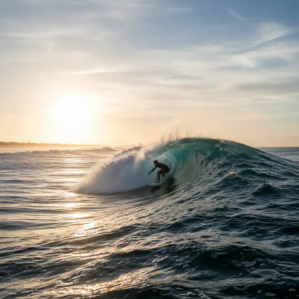 Surfer executing a deep bottom turn