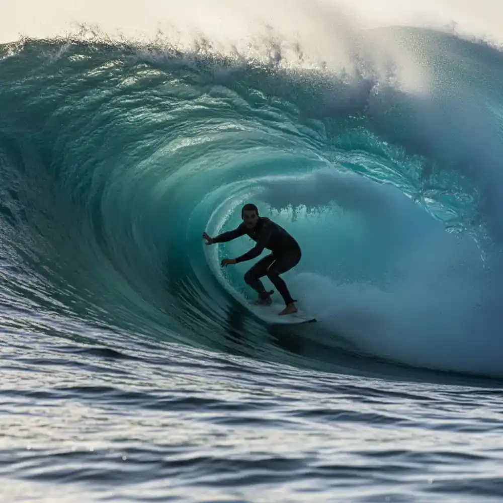 Surfer positioned inside a breaking wave tube