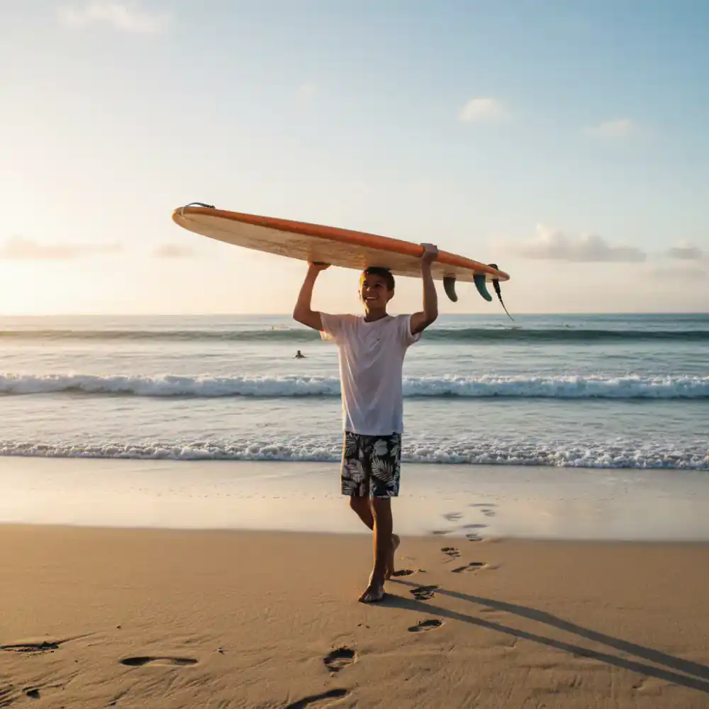 Beginner surfer carrying a board to the water