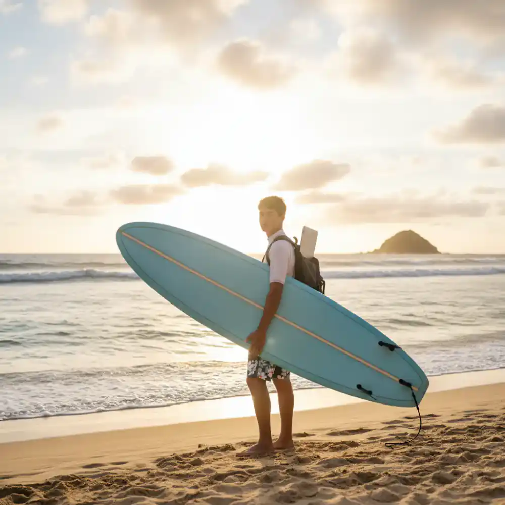 Student standing with surfboard