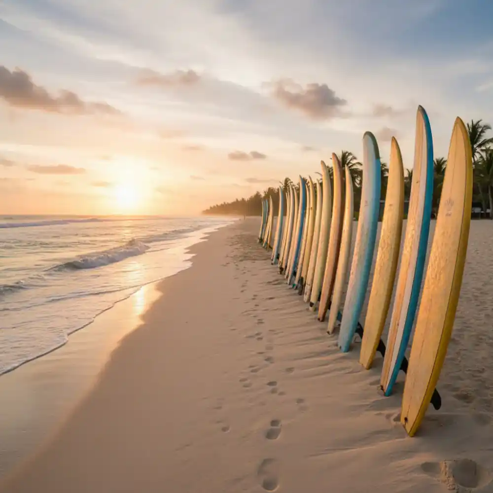 Row of surfboards waiting on the beach