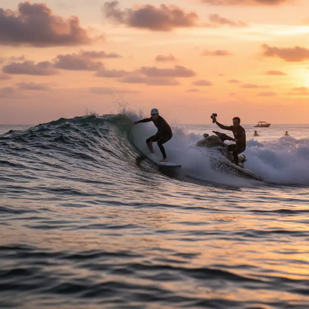 Surfer carving a wave during a coaching session